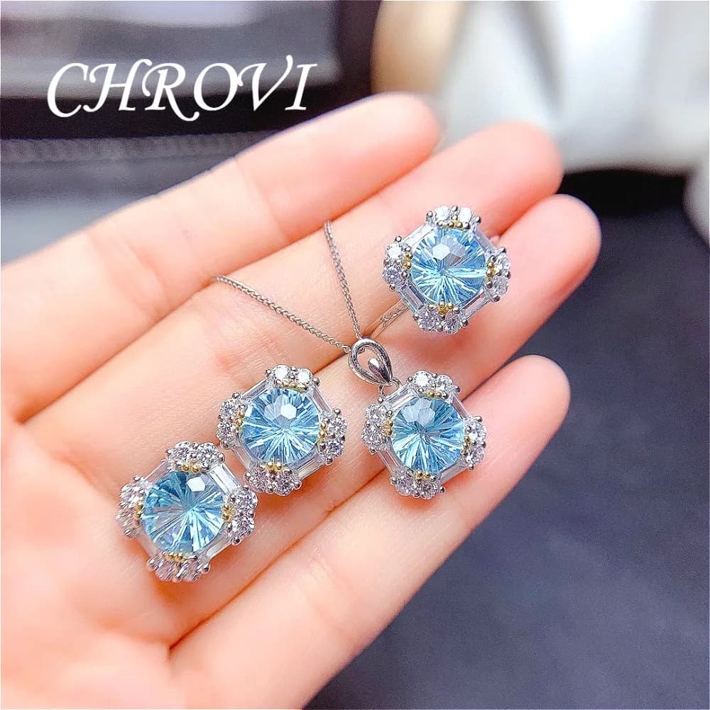 Set di orecchini con pendente in argento sterling 925 di lusso leggero, anello con diamanti popolari e topazio blu, gioielli per donna
