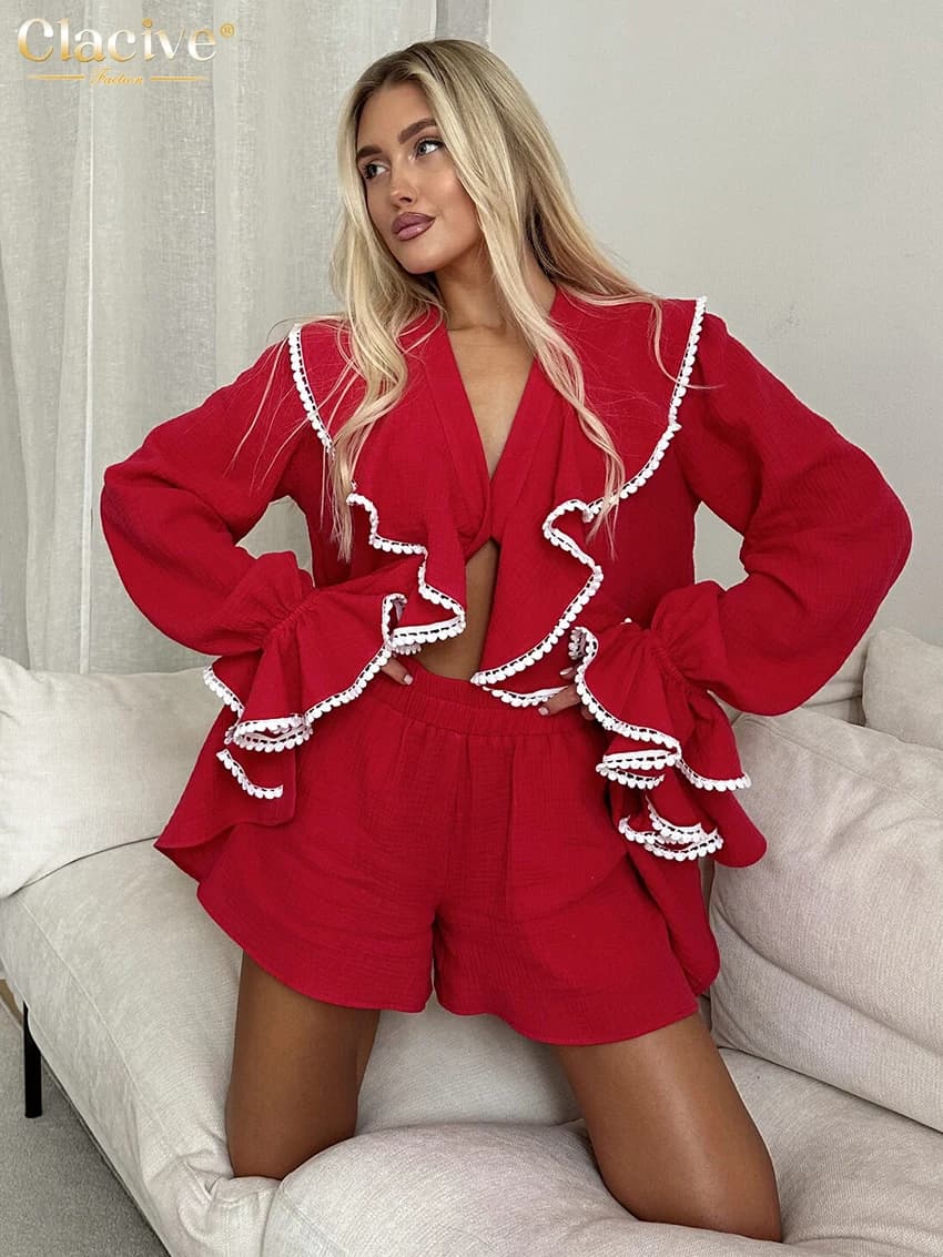 Clacive Fashion Set da 2 pezzi in cotone rosso allentato Completo da donna 2025 Elegante camicia a maniche lunghe con pantaloncini a vita alta Set femminile