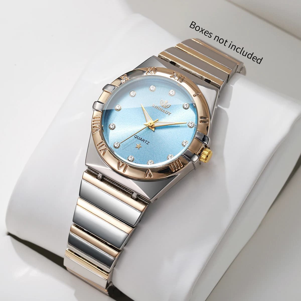 Elegant Women Two Tone Metal Band Quartz Watch Rhinestone Decor Light Blue Dial Casual Ladies Wrist Watch Gift