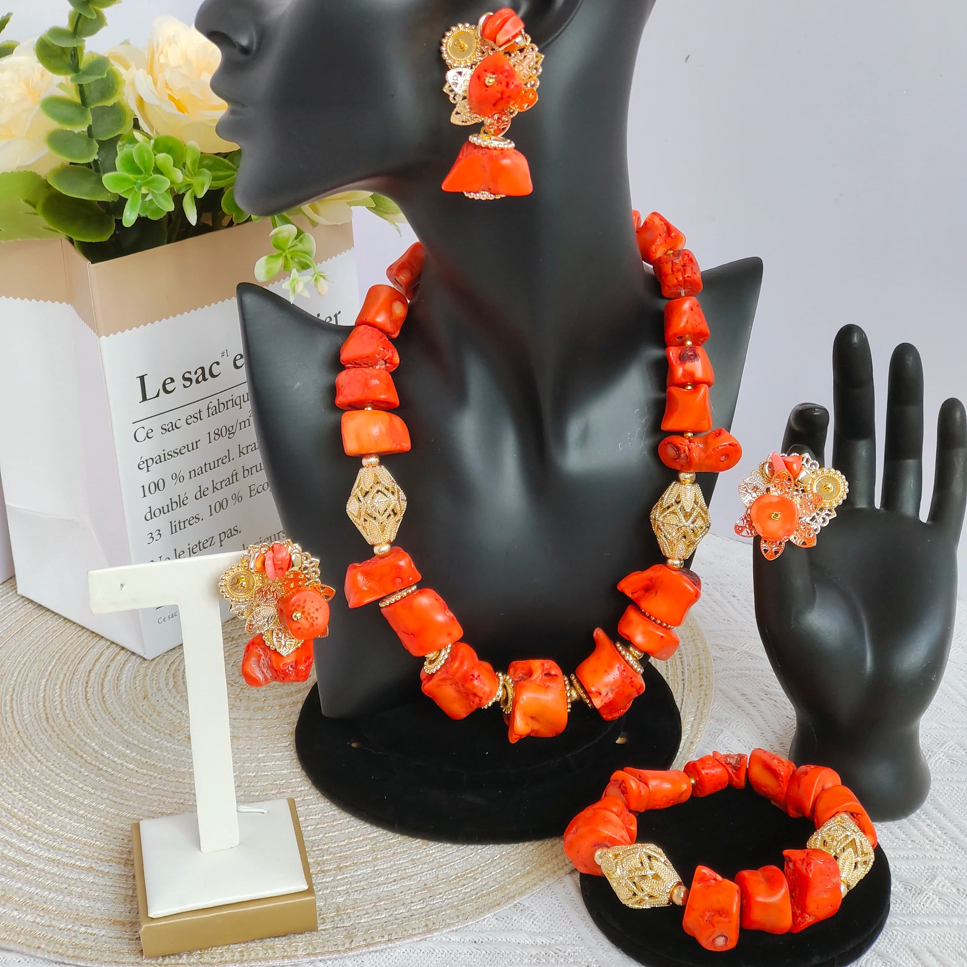 collana da sposa nigeriana set di gioielli con vere perle di corallo arancione