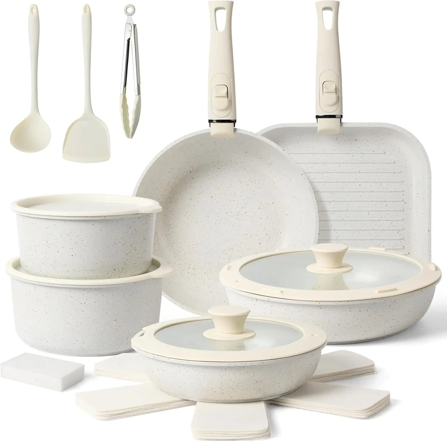 Set of 20 Pieces Anti-stick Ceramic Pots with Stackable Handles, Suitable for Oven and Dishwasher, Compatible with Induction