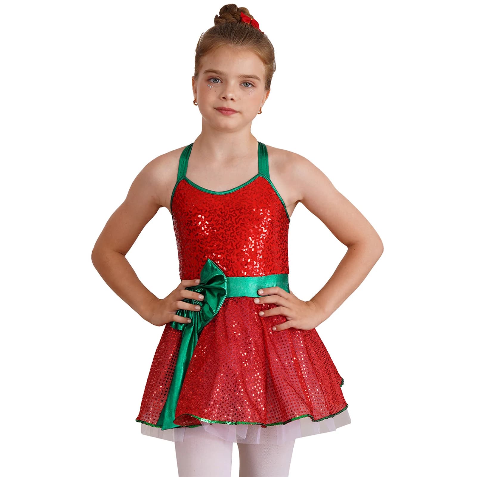 Girls Christmas Santa Claus Elfo Costume Ballet Shoes Ballroom Sleeveless Paillettes lucide Bowknot Tutu Body for Christmas Carnival