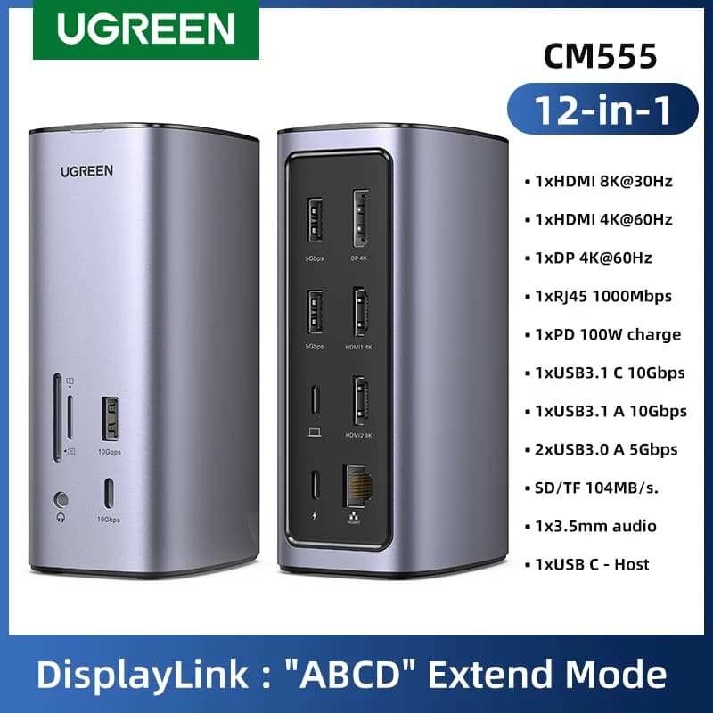 UGREEN Docking station USB C 12 in 1 DisplayLink 8K/4K 2HDMI DP HUB triplo display per Mac e Win 10Gbps PD100W Gigabit RJ45 SD e TF