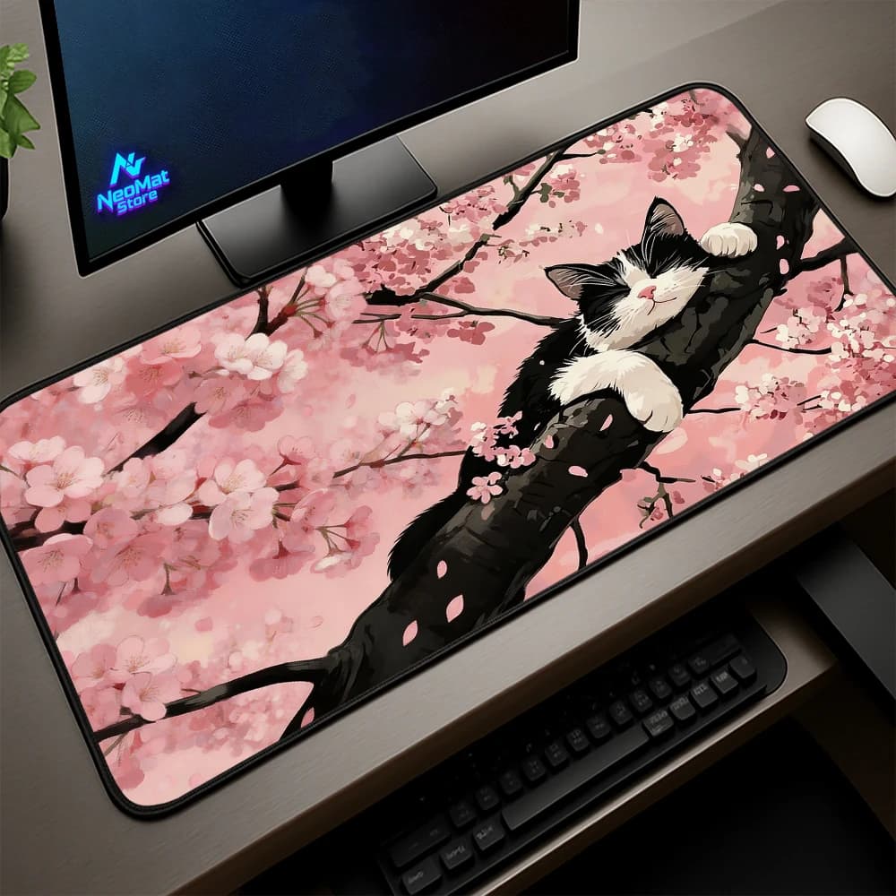 Tappetino per Mouse Sakura con Fiori di Ciliegio e Gatto, 900x400 5mm, Grande Tappetino da Scrivania, Albero Primaverile Giapponese Kawaii Rosa, Tappetini per Mouse da Gaming Decorativi