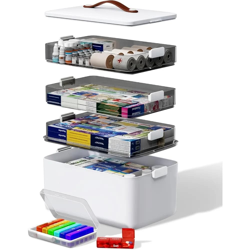 Scatola Portamedicinali a Quattro Livelli con Organizzatore Settimanale Portatile per Uso Domestico e di Emergenza