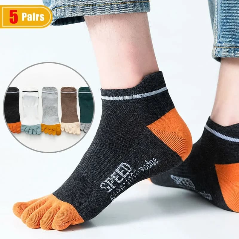 5 Pairs Men's Summer Ankle Socks Cotton Mesh Breathable Anti-Bacterial Striped Casual Soft Elastic Five Finger Sport Toe Socks