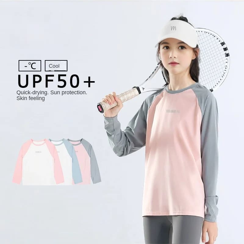 Summer T-shirts for Children's Casual Sports Sunscreen Long-sleeved Tees Quick-drying Ice Silk Tops Teen School Girls T-shirt