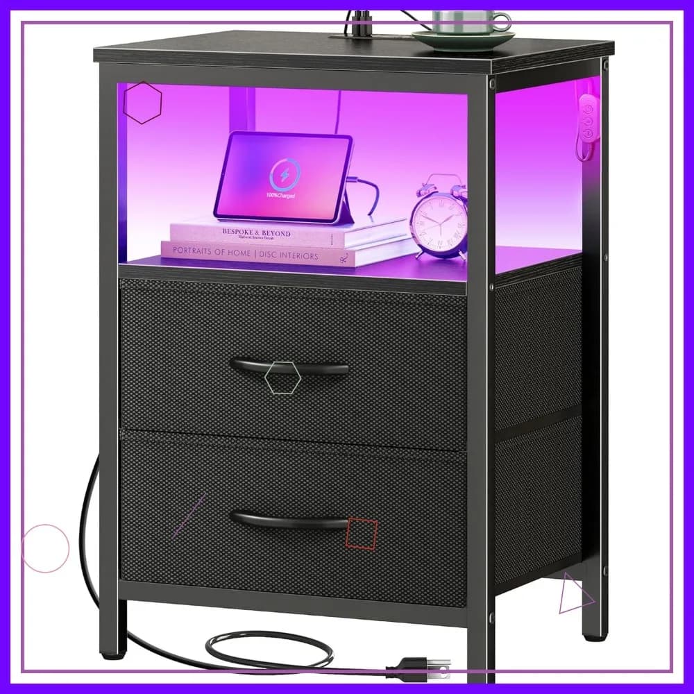 Comodino con caricatore, luci a LED, 2 cassetti e ripiano - Comodino moderno in nero