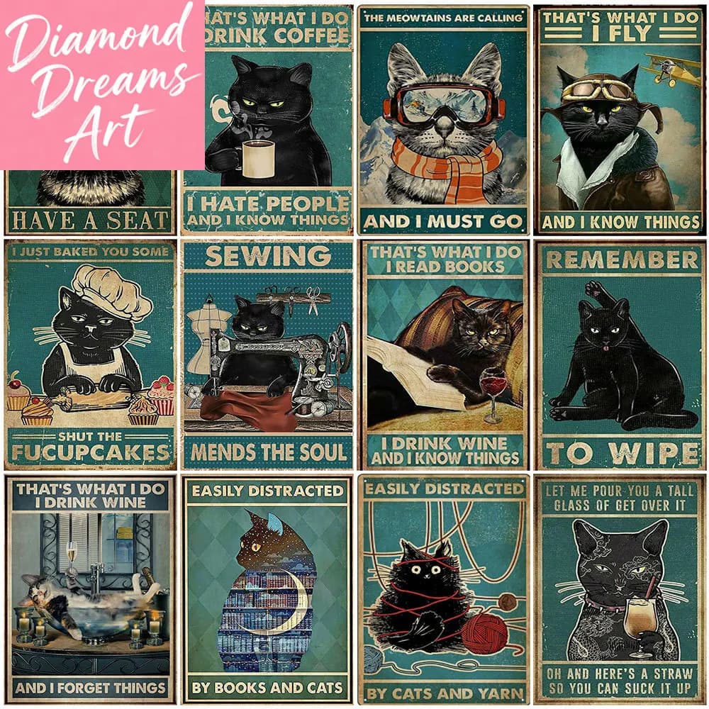 Pittura Diamante 5D Fai da Te Senza Cornice, Mosaico Quadrato Completo con Animali, Ricamo a Punto Croce con Testo Gatto, Decorazione Artigianale per la Casa