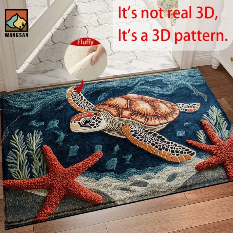 VIKAMA 3D Sea Turtle Floor Mat Ocean Starfish Pattern Fluffy Non Slip Rug For Bathroom Bedroom Coastal Home Decor
