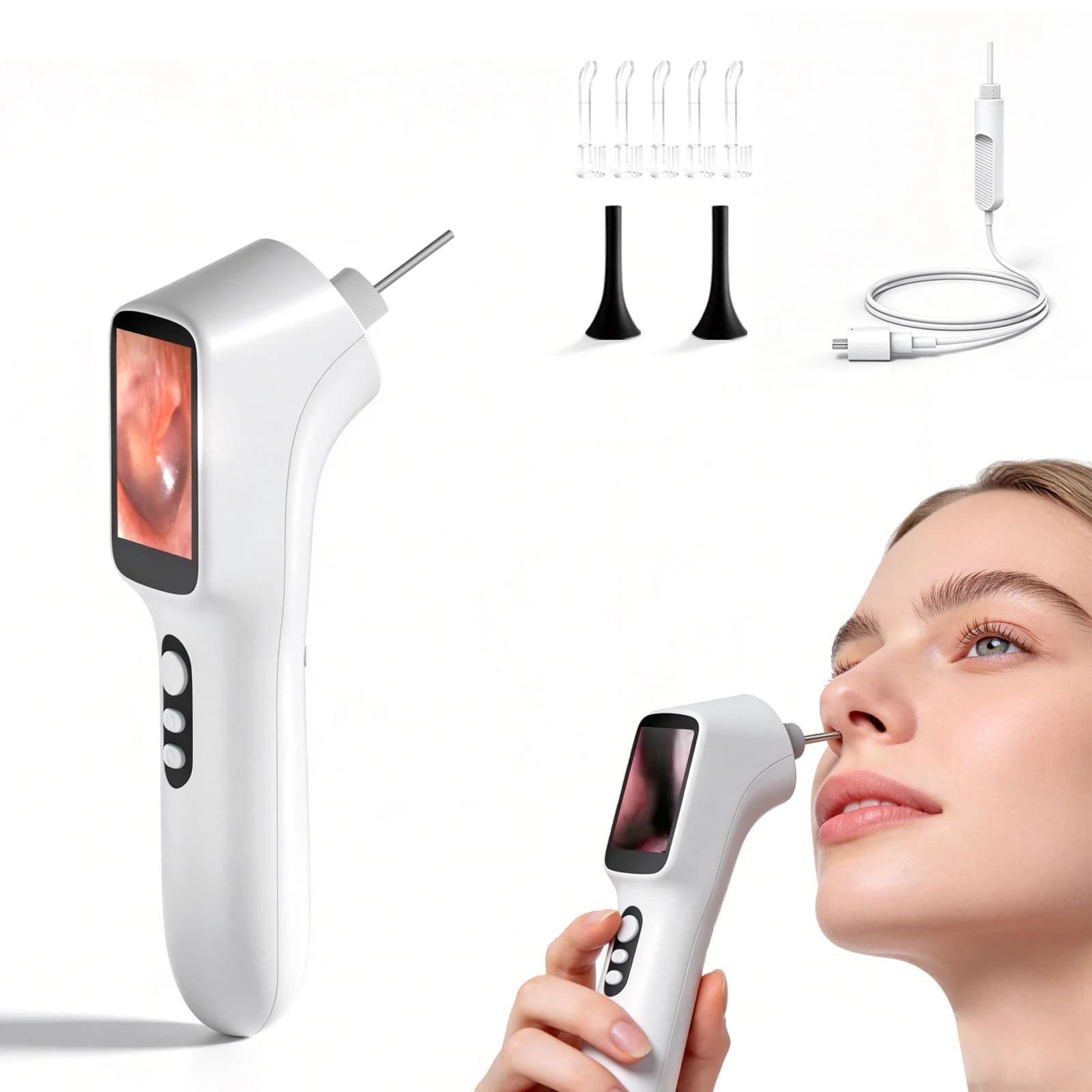 Endoscope handheld with screen, card insertion for taking photos and videos, magnifying ear, portable otoscope visible ear spoon