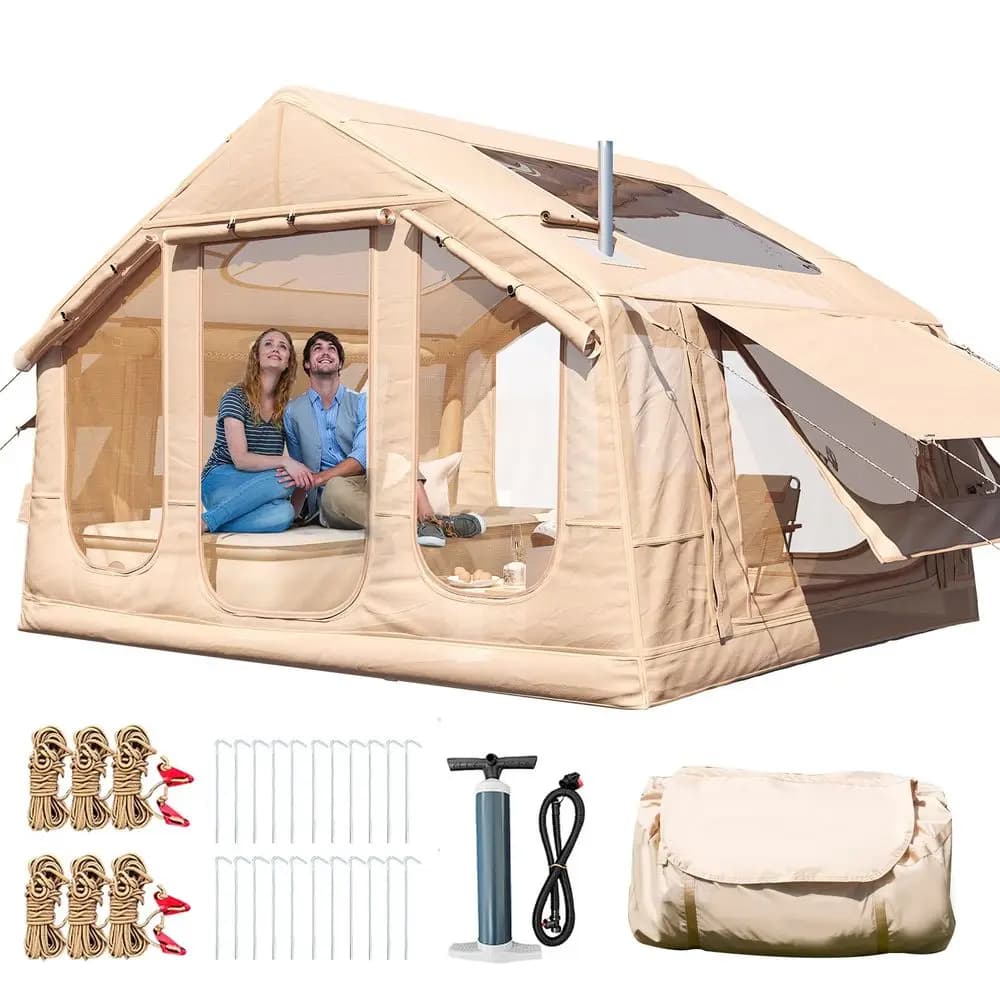Tenda da campeggio gonfiabile per 46 persone con foro per stufa, 2 lucernari e pompa, tenda glamping gonfiabile in tessuto Oxford 300D con finestre 3 in 1, 4
