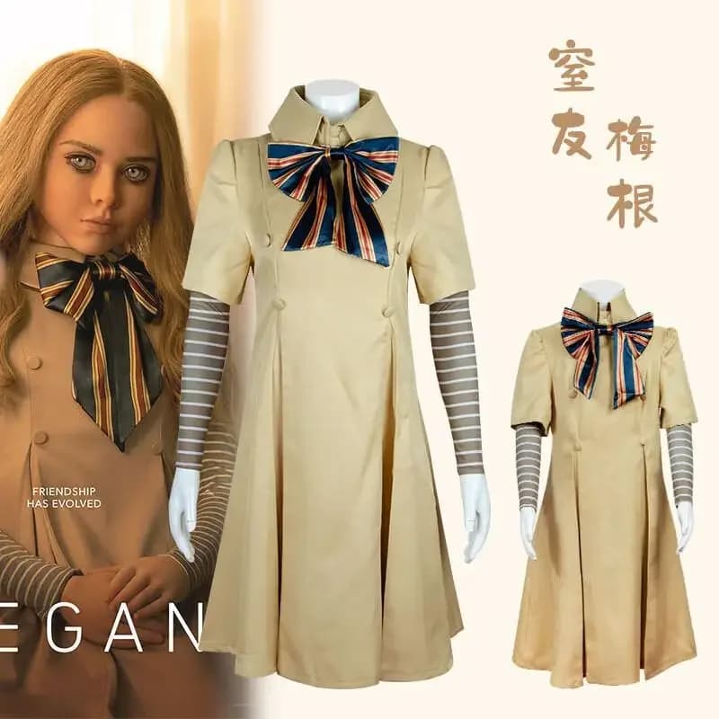 Set cosplay M3gan da 4 pezzi, vestito Megan, uniforme, papillon, leggings, calzini, costume per feste di Halloween