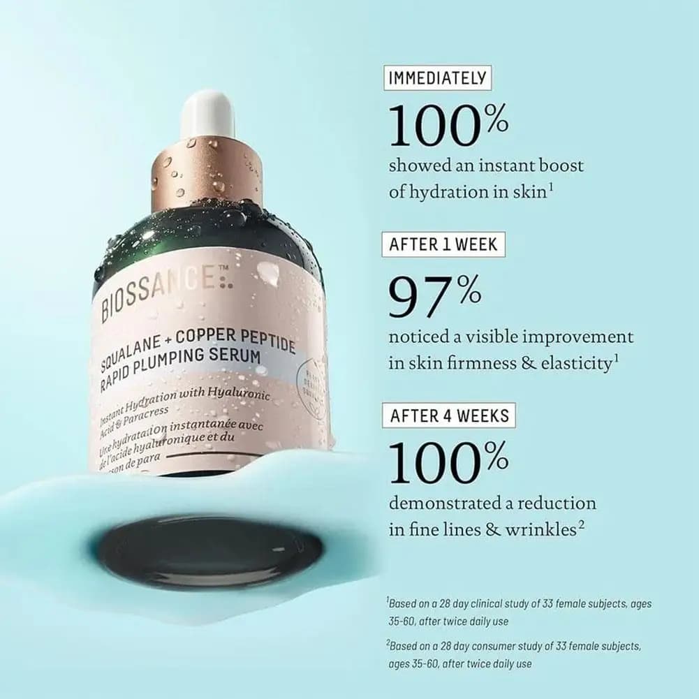 Siero Rimpolpante al Peptidi di Rame Biossance con Vitamina C, Olio di Rosa ed Essenza di Squalano, Siero Idratante e Rassodante per la Cura della Pelle del Viso