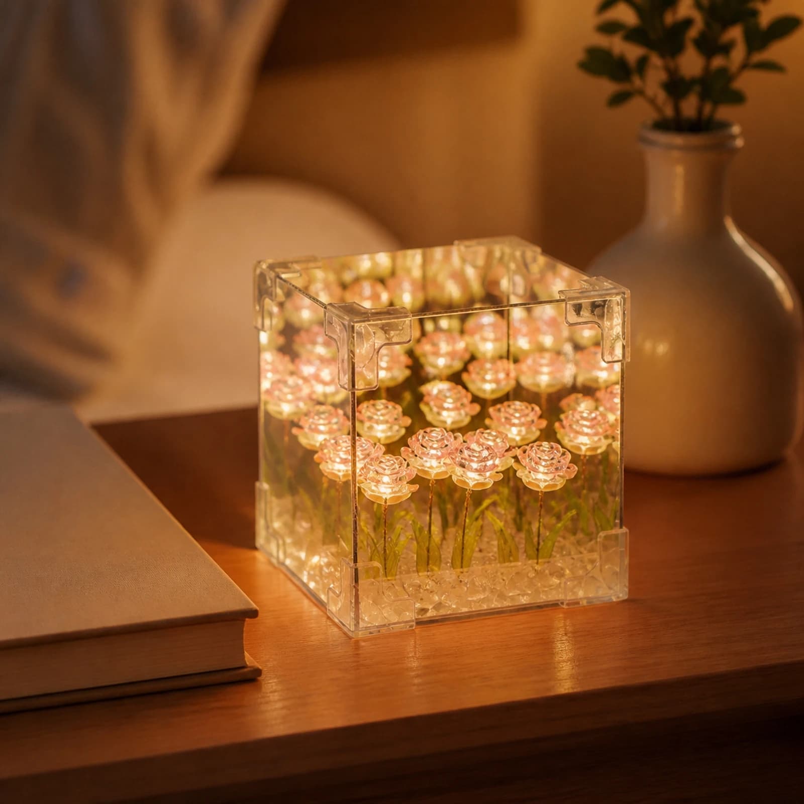 Rose Lamp with Acrylic Cube Floral Rose Night Light Flower Night Light Transparent Flower Lamp Decorative for Bedroom, Desk