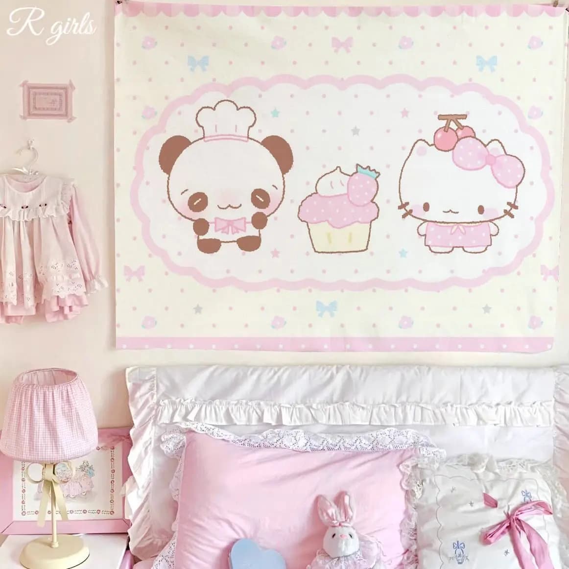 Cute Cartoon Panda Wall Hanging – Adorable, Girly-Pink Aesthetic Tapestry for Dorm Room Decor Background Cloth for Bedroom Dorm