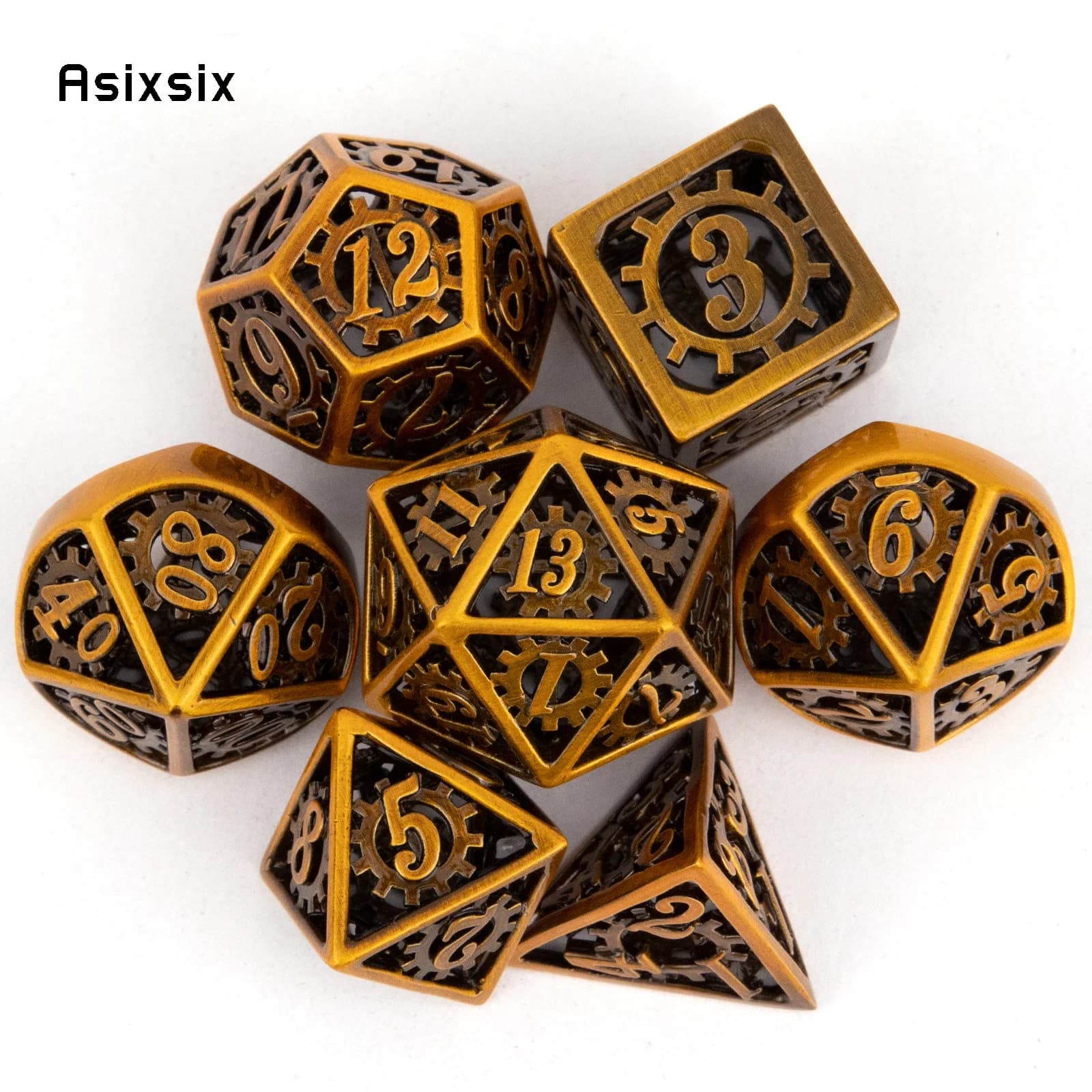 Set di 7 Dadi Poliedrici in Metallo con Ingranaggi in Rame, Dadi Cavi in Metallo Adatti per Giochi di Ruolo RPG, Giochi da Tavolo e Giochi di Carte