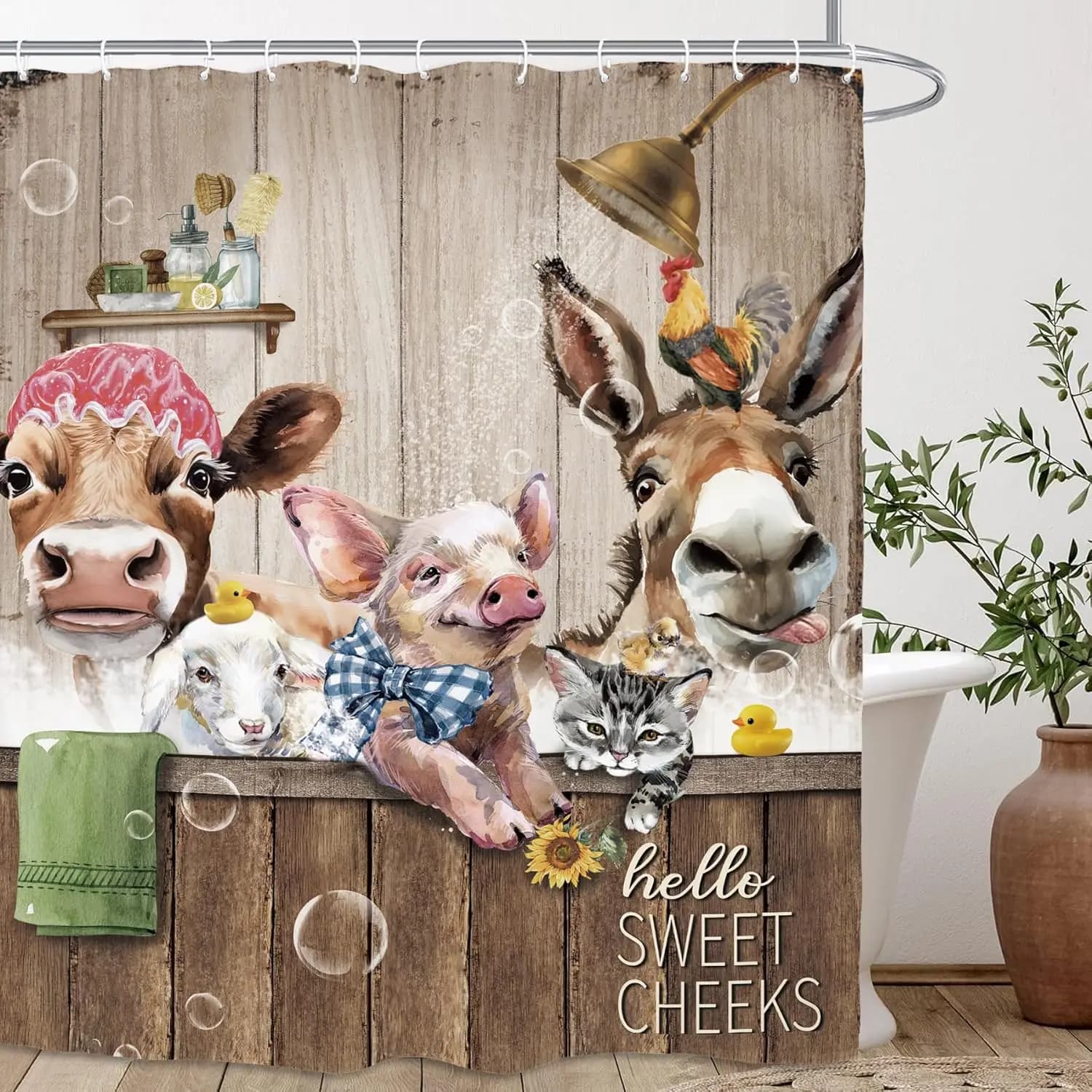 Divertente Tenda Doccia con Animali, Stile Rustico Fattoria, Mucca, Asino, Maiale, Set Accessori Bagno Decorativi