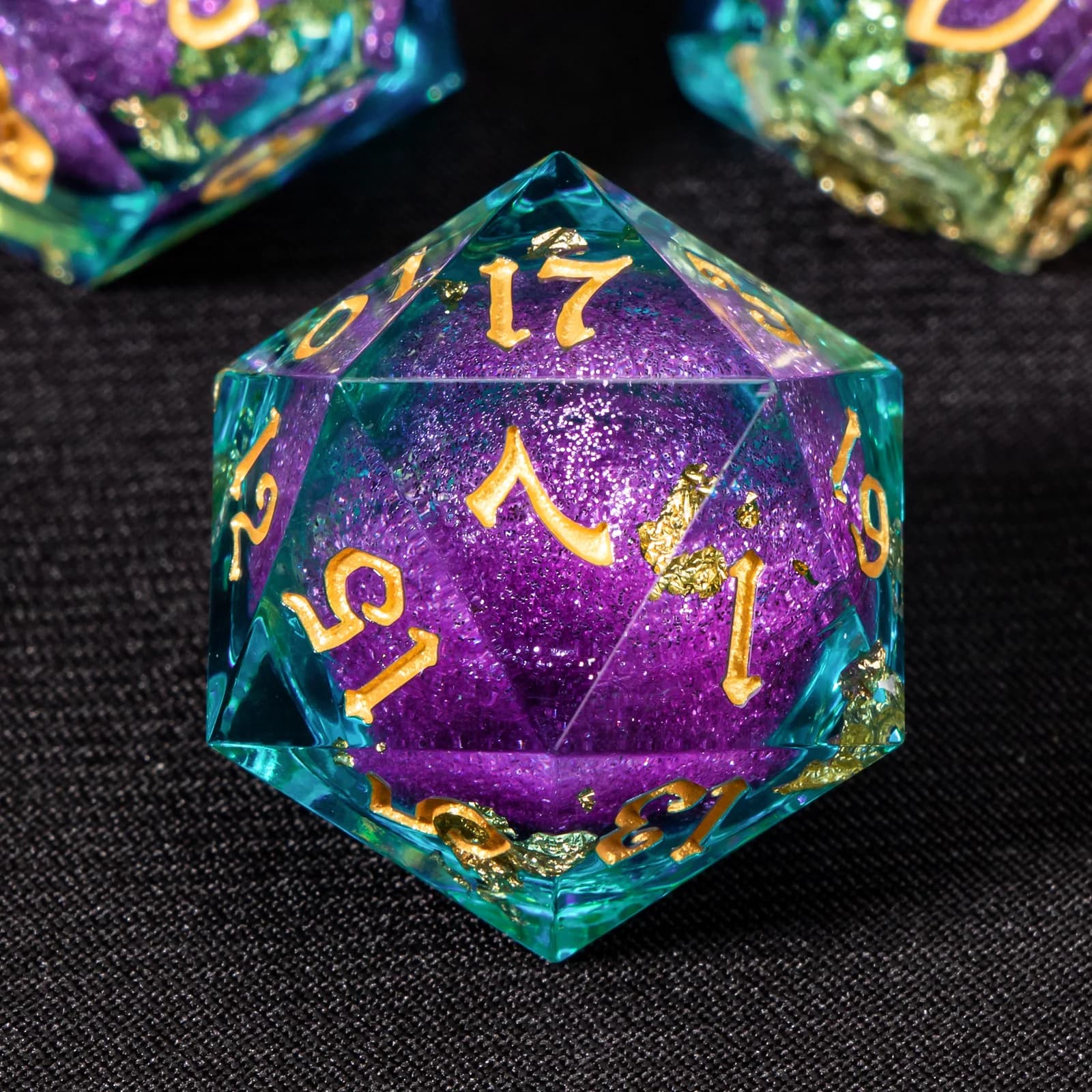 DnD Set di dadi poliedrici con nucleo liquido in lamina d'oro verde per Dungeons and Dragons, set di dadi Galaxy, dadi d