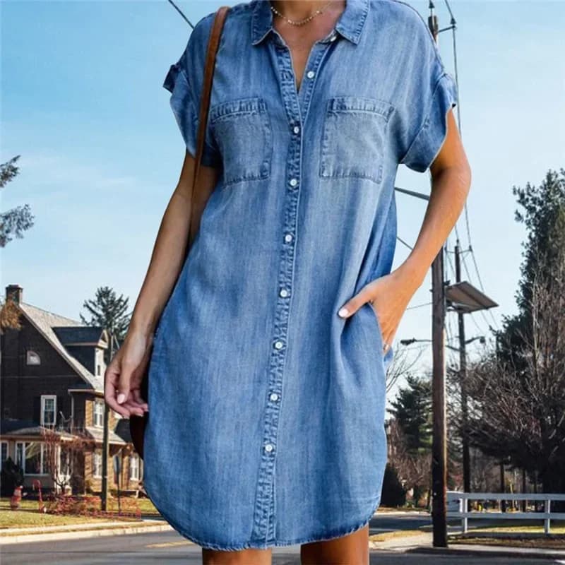 Camicia di jeans da donna Abiti a maniche corte Abito di jeans invecchiato abbottonato Top a tunica moda casual