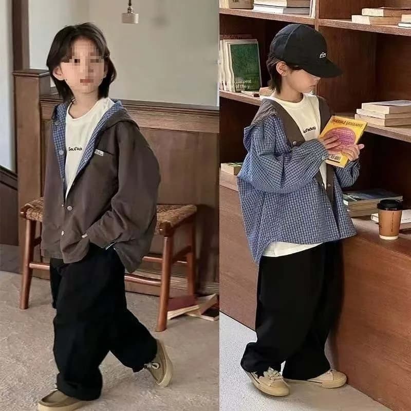 UNITIM Early Autumn 5-16Yrs Boys Jacket Loose Children Boy Reversible Plaid Outerwear Coat 2026 Handsome Boy Hooded Trench Coats