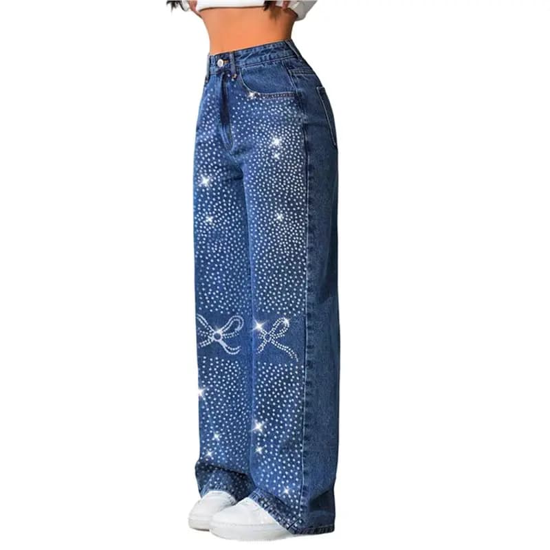 ABRT-Women Y2K Vintage Glitter Jeans Retro Party Streetwear Pantaloni in denim a gamba larga dritta Blu intenso L