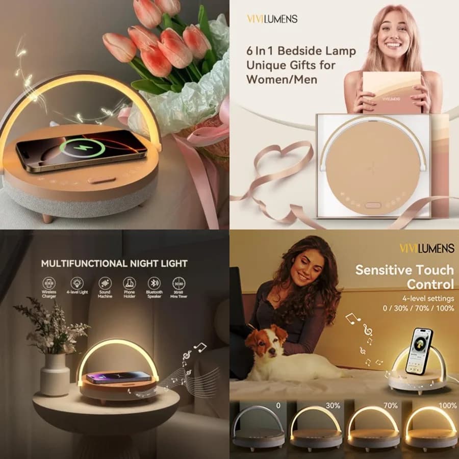 Vivilumens Regali di Compleanno per Donne, Lampada da Comodino 6 in 1 con Caricatore Wireless, Altoparlante Bluetooth, Macchina del Rumore Bianco, Tablet Musicale
