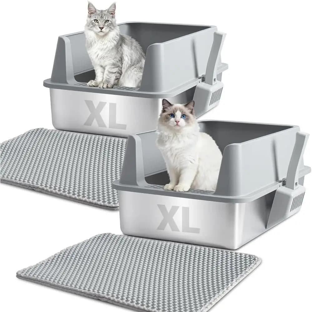 Lettiera per Gatti Extra Large in Acciaio Inossidabile con Coperchio, Bordi Alti, Tappetino e Paletta - Facile da Pulire, Antiaderente, Senza Odori