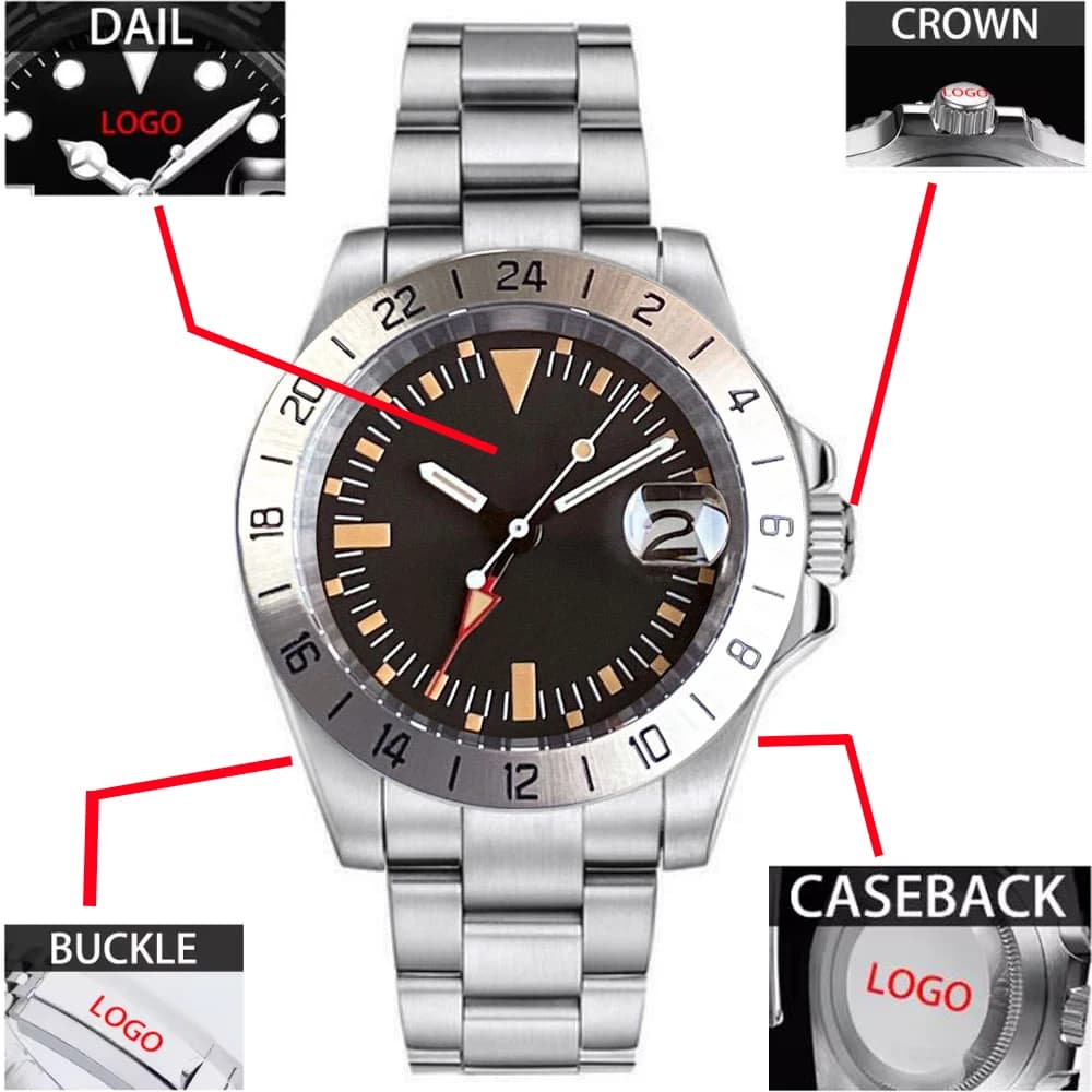 Custom Logo NH34A Movement Sapphire Glass Black Dial Luminous Mechanical GMT Men's Watch Business Dress Watch 10ATM