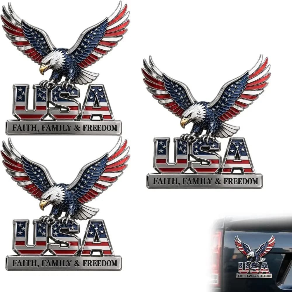 3D Raised Metal Design USA Faith Family Emblem American Eagle & US Flag Pattern Faith Family Freedom Slogan Car Emblem