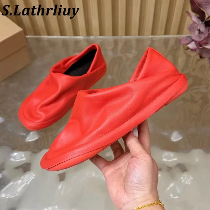 Real Leather Pleated Loafers Women Simple Casual Flat Shoes Summer Versatile Comfortable Round Toe Single Shoes Grandma Shoes