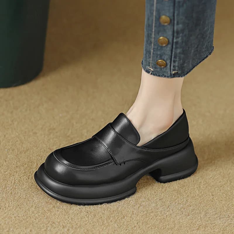 Mocassini da donna in morbida pelle - Tacco medio Tacco grosso Punta tonda Appartamenti con apertura a V profonda, Scarpe eleganti con suola spessa ultra comode