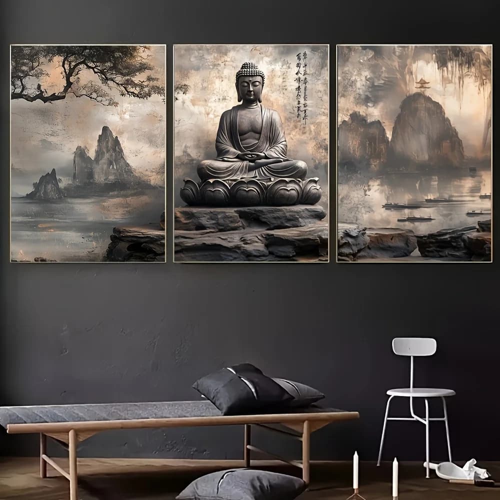 3 quadri su tela con Buddha in meditazione - Stile Zen Asiatico, ideali per l'arredamento di sale di meditazione - Poster regalo spirituale