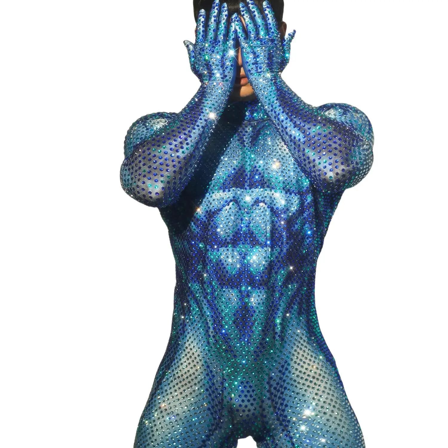 Sexy Blue Full Rhinestones Stretch Men Dance Jumpsuit Prom Dancer Singer Costume Evening Birthday Show Leggings Outfit Juren
