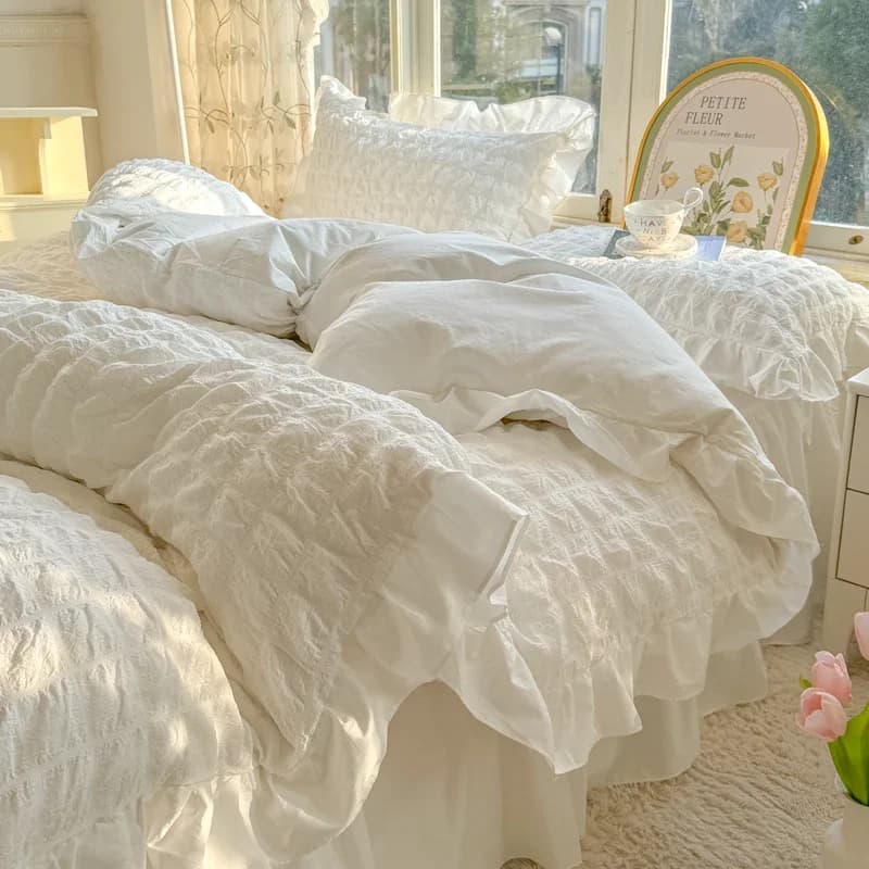 Set biancheria da letto con volant in pizzo stile principessa coreana Set copripiumino Seersucker morbido e delicato sulla pelle Set lenzuolo o gonne letto Federe