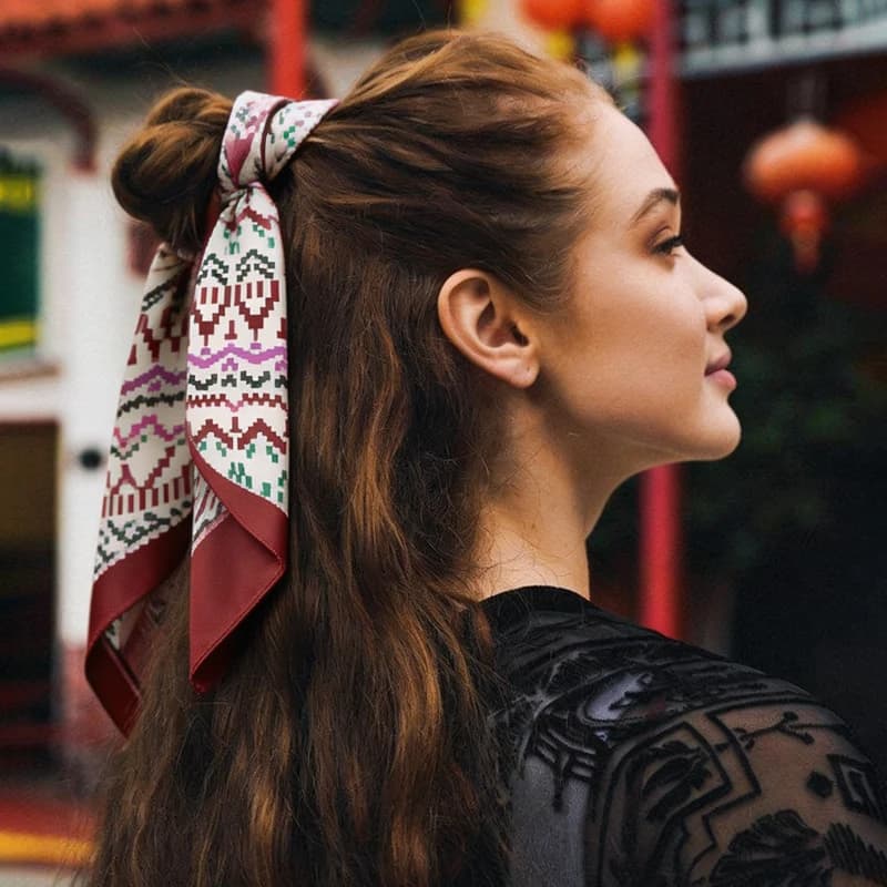 Sciarpa Sottile in Seta Satinata Boho Vintage da Donna con Stampa Floreale Geometrica, Foulard per Capelli, Sciarpa per il Collo, Fascia per Capelli, Elastico per Capelli, Sciarpa per Borsa per Uso Quotidiano