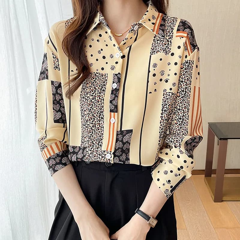 Camicetta a maniche lunghe con stampa leopardata casual da ufficio di nuovo stile coreano alla moda per abiti da donna