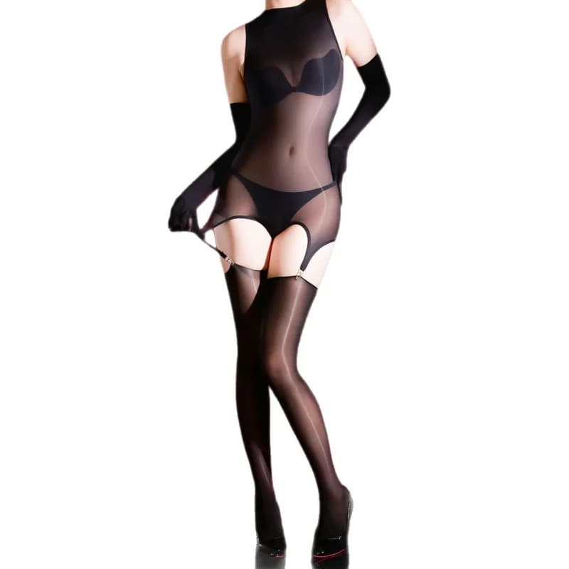 Sexy hollow-out shiny stockings, detachable two-piece garter swimsuit bodysuit, 5D ultra-thin silky sexy black stockings