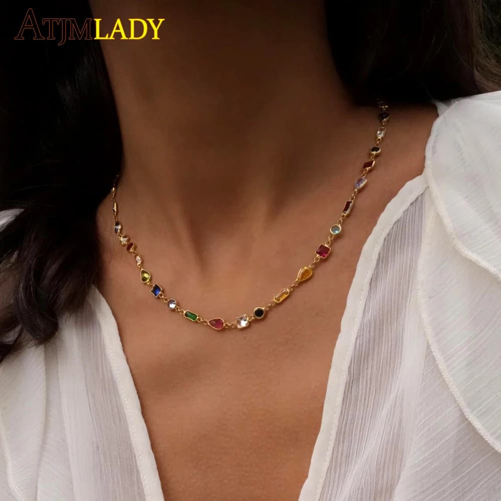 Luxury Colourful Cubic Zircon Necklace for Women New Shiny Bling Choker Clavicle Chain Bohemian Jewelry Gifts 2025