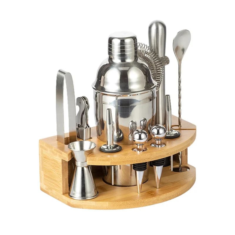 Set da Barman con Supporto in Legno Semi-Chiuso, Kit Shaker per Cocktail in Acciaio Inox, Collezione Completa di Utensili da Bar per Miscelare Bevande