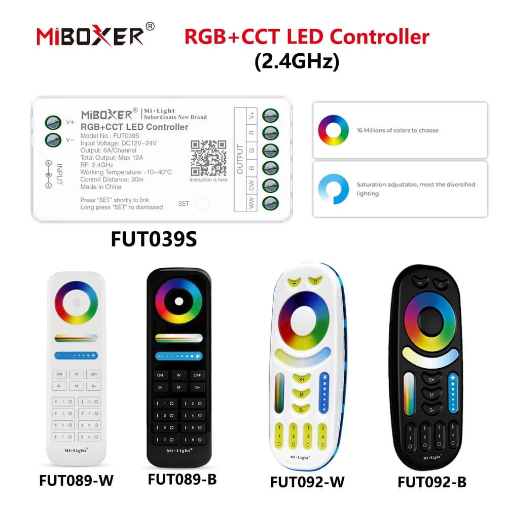 MiBoxer DC12~24V FUT039S+FUT092 2.4GHzRF Wireless RGBCCT 6A/Ch 16 Millions of colors to choose LED Controller For COB/Led Strip