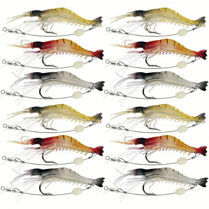 12 PZ Vendita Calda Nuovo Perlina Luminosa Gamberetti Silicone Morbido Esca Artificiale con Ganci Girelle Impianti di Pesca Attrezzatura da Pesca