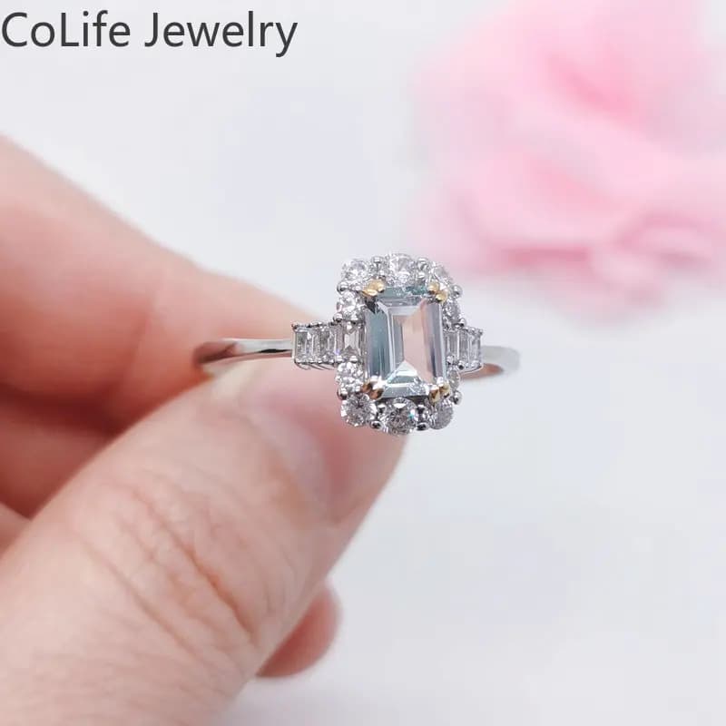 Anello in acquamarina naturale al 100% per fidanzamento anello in argento acquamarina blu chiaro da 0,8 ct 5mm * 7mm con placcatura in oro 18 carati a 3 strati