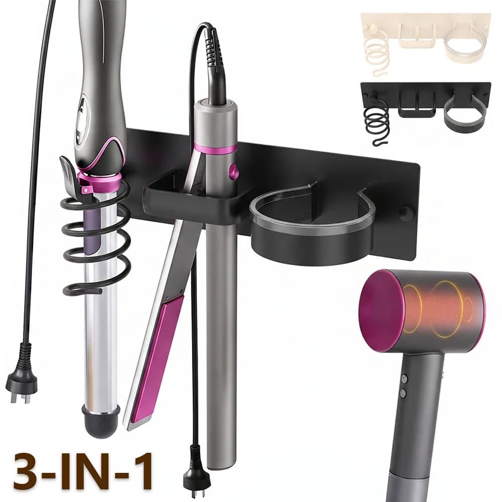 3 in 1 Hair Dryer Holder Metal Wall Mounted Hair Tool Organizer Universal Hair Dryer Curling Iron and Straightener Storage Rack