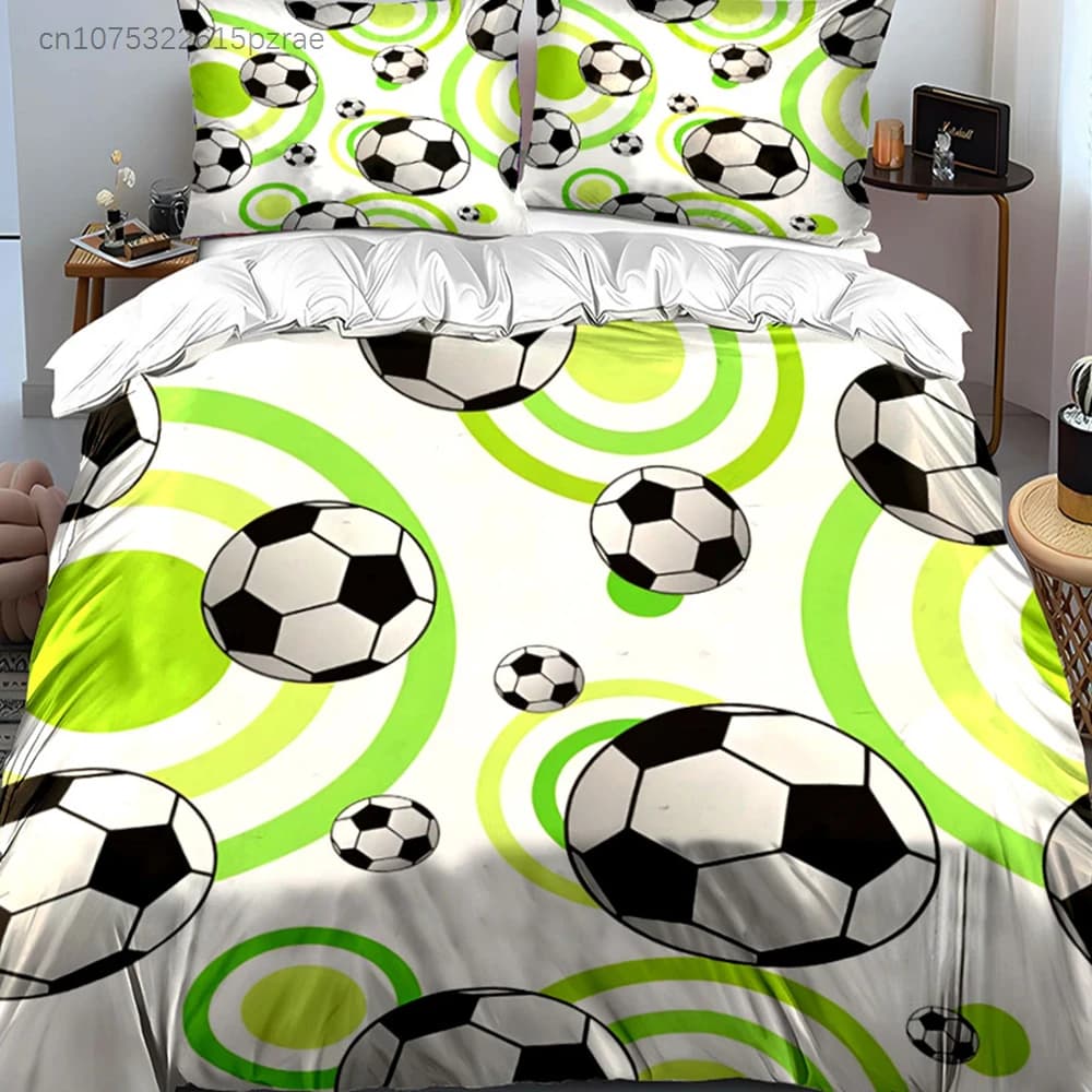 Simple Green Circle Soccer Seamless Bedding Set,Classic Black White Football Print 1 Duvet Cover And 2 Pillowcase,Kids Boys Gift