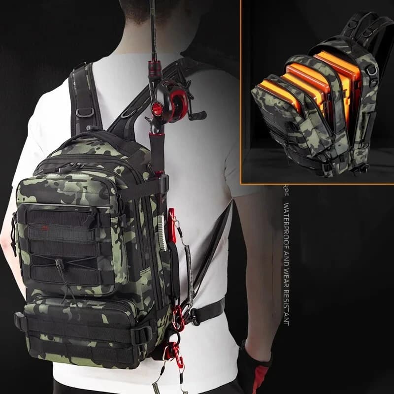 Zaino per Attrezzatura da Pesca, Borsa da Spalla per Uomo, Porta Esche e Attrezzatura con Supporto per Canna, per Campeggio e Caccia