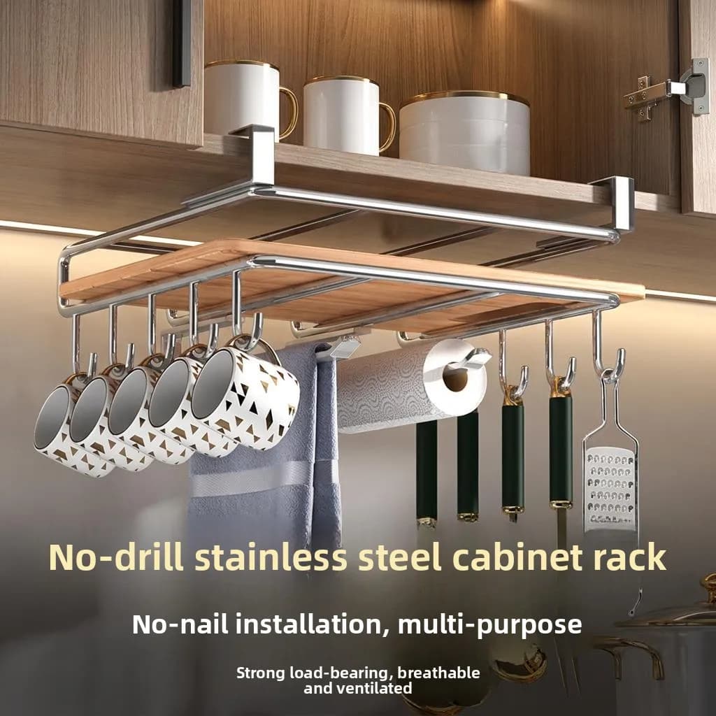 Overall Kitchen Cabinet Storage Rack No Drilling Cutting Board Cloth Hanging Rack Wall Mounted Double Layer 304 Stainless Steel