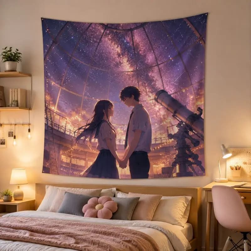 VIKAMA Japanese Summer Anime Tapestry, Firework Galaxy Wall Hanging, Romantic Aesthetic Wall Decor for Teen Bedroom Dorm