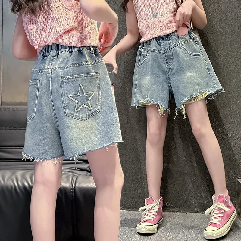 Pantaloncini di jeans casual invecchiati per bambini con orlo grezzo per Tween Girl Fashion Street Destroy Mini Jeans Pantaloncini strappati per bambini con stella