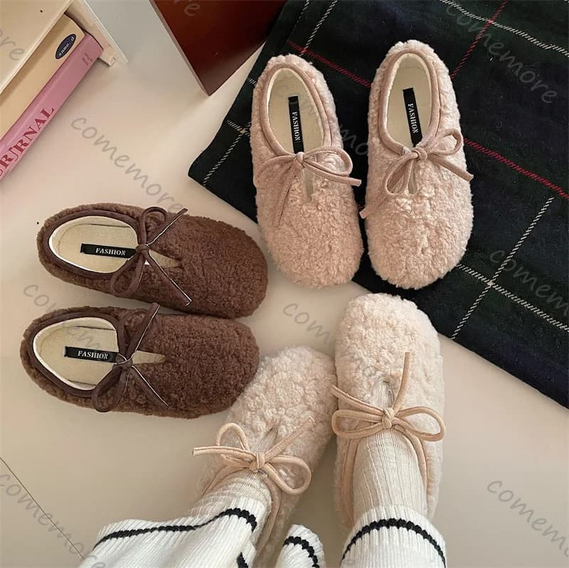 Comemore Cozy Ballet Flats Shoes Women Plush Furry Loafers Slip on Casual Fur Soft Sole Versatile Outdoor Warm Shoes for Women